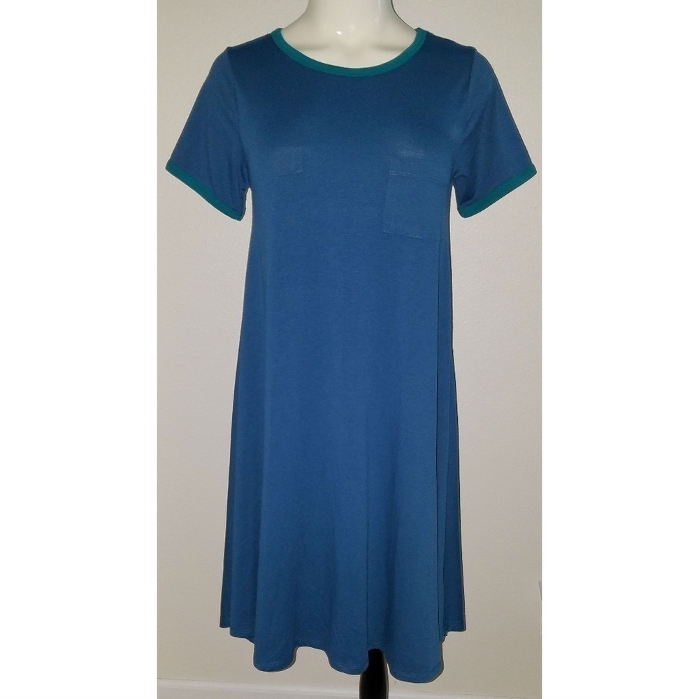 LulaRoe Blue Carly Dress Size XXS Green Ring Trim